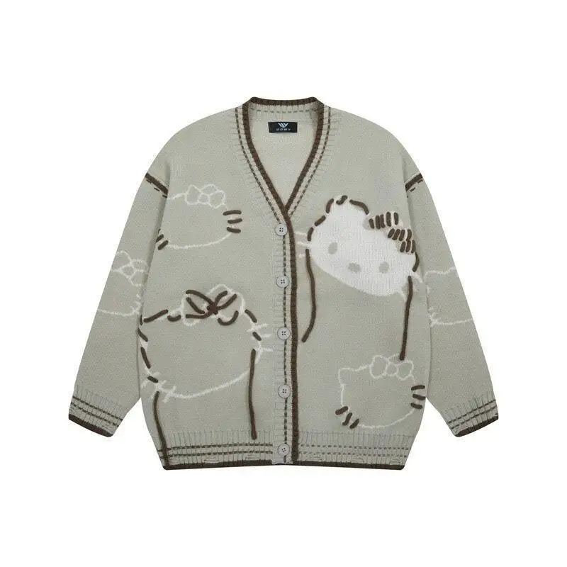 

Кардиган с v-образным вырезом, осенне-зимний вязаный свободный свитер, кардиган Sanrio Hello Kitty Kawaii, модные повседневные комплекты в стиле аниме для женщин