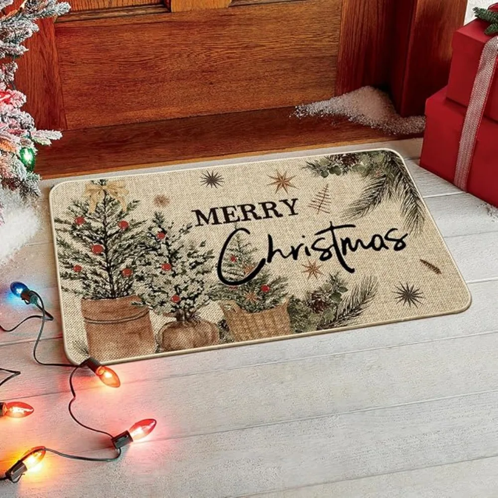 Weihnachtsteppich, Matte, Teppich, Vintage-Leinenstruktur mit grünem Kiefernbaum, fröhlicher Weihnachtstext, rutschfeste Bodenmatte für Heimdekoration