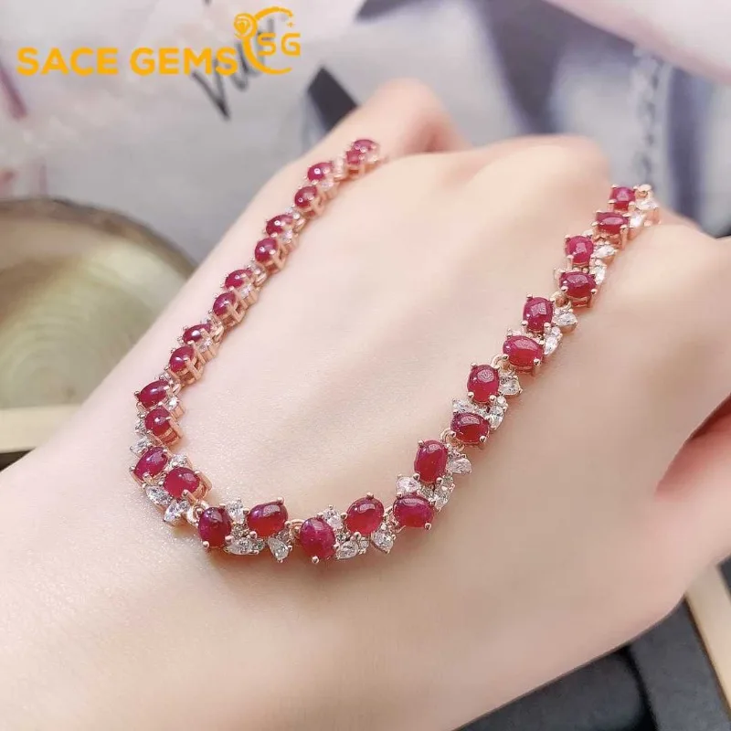 

SACEGEMS New Certified 925Sterling Silver 3*4MM Natural Ruby Gemstone Bracelrts for Women Engagement Cocktail Party Fine Jewelry