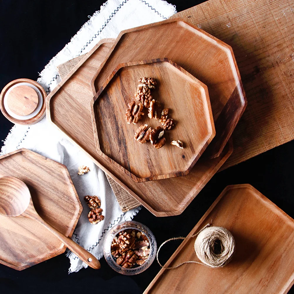 

1pc Wooden Breakfast Tray Snack Serving Plate Home Tableware Octagon Food Container Hotel Decorative Tray Wood Pastoral