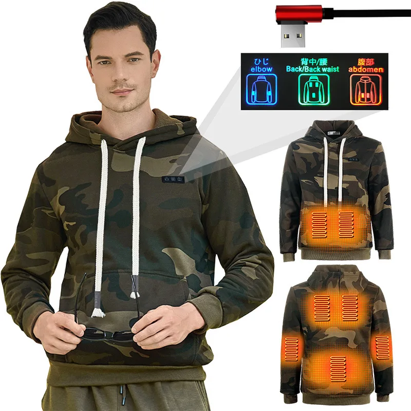 Winter Outdoors Heating Sweater Fleece-lined Thickened Charging Heating Camouflage Casual Hooded