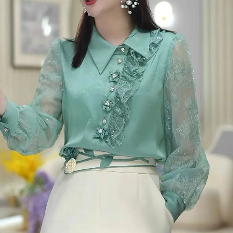 

2026 Spring New Elegant Fashion Green Shirt Turndown Collar Patchwork Lace Tops Long Sleeve Pullovers Blouse