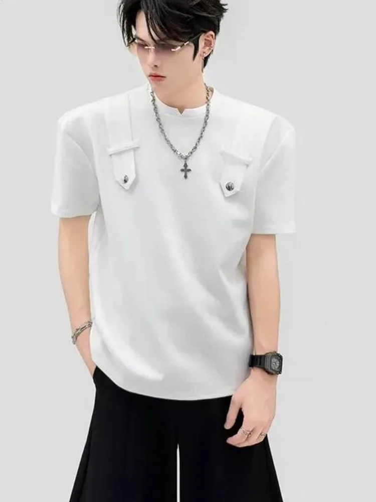Strap Button Deconstructed Tee Mens Crew Neck Drop Shoulder Niche Dark Street Summer Casual Basic Tops CVB6