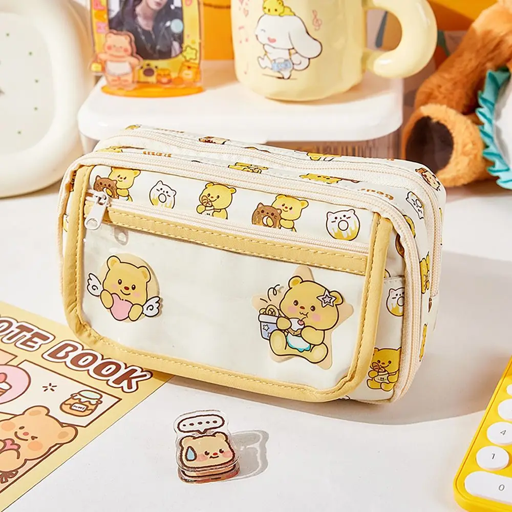 Portable Cheese Bear Pencil Case Multilayers Transparent Flip Cover Pen Bag Large Capacity Stationery Organizer for Student Gift