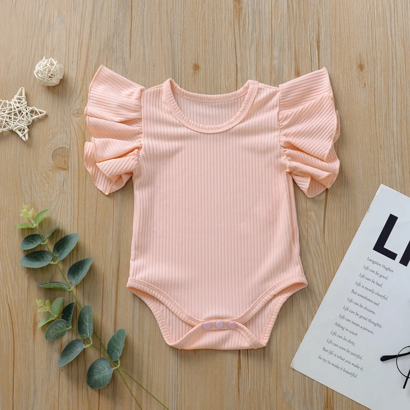 Fashion Newborn Baby Girls Ruffles Bodysuits Summer Child Solid Color Fly Sleeve Romper High Quality Short Sleeve Knitted Romper