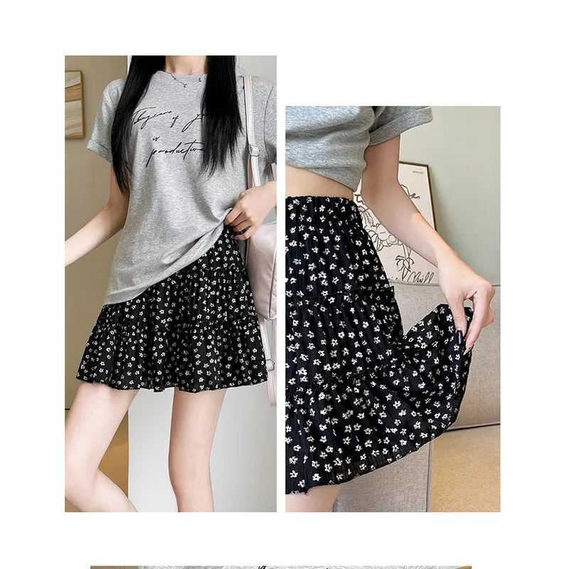 

Black Floral Print Short Skirt Women Spring Summer New High Waist Slim A Line Tiered Ruffle Korean Style Skirt