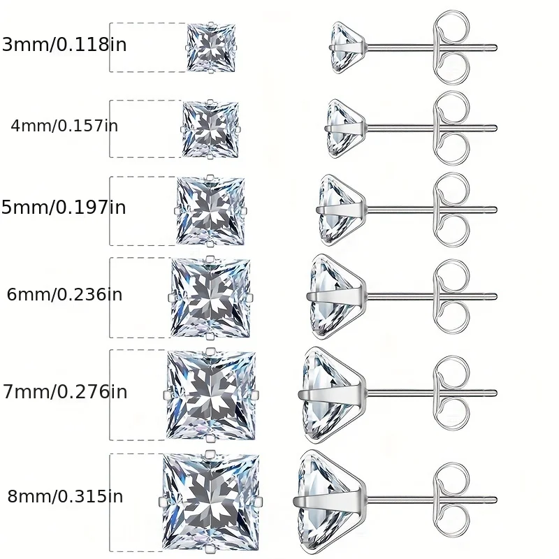 6 pairs Unisex Style Hypoallergenic 316L Medical Stainless Steel Square Cubic Zirconia Stud Earrings Perfect for Holiday Gift