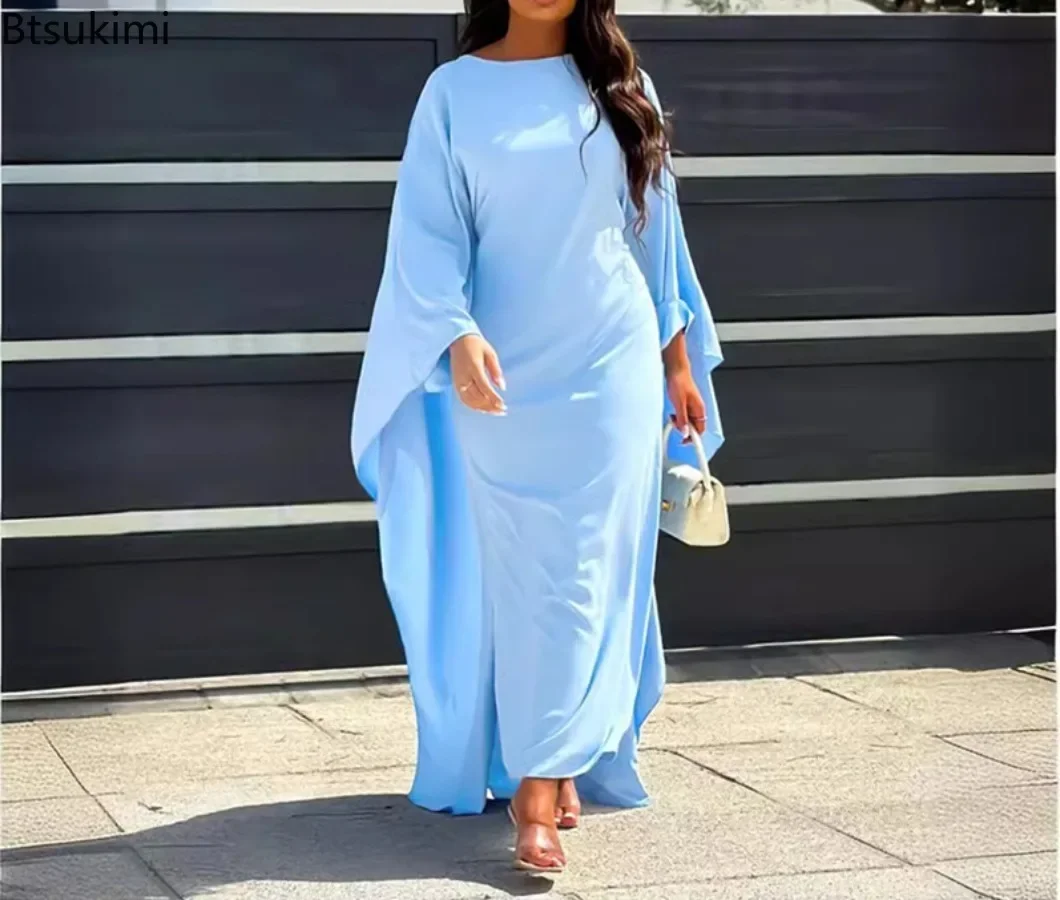 Herbst Mode Satin Party Kleid Robe Abaya Muslimischen Kleid Frauen Elegante Temperament Solide Rundhals Fledermaus Ärmeln Lose Maxi Kleid
