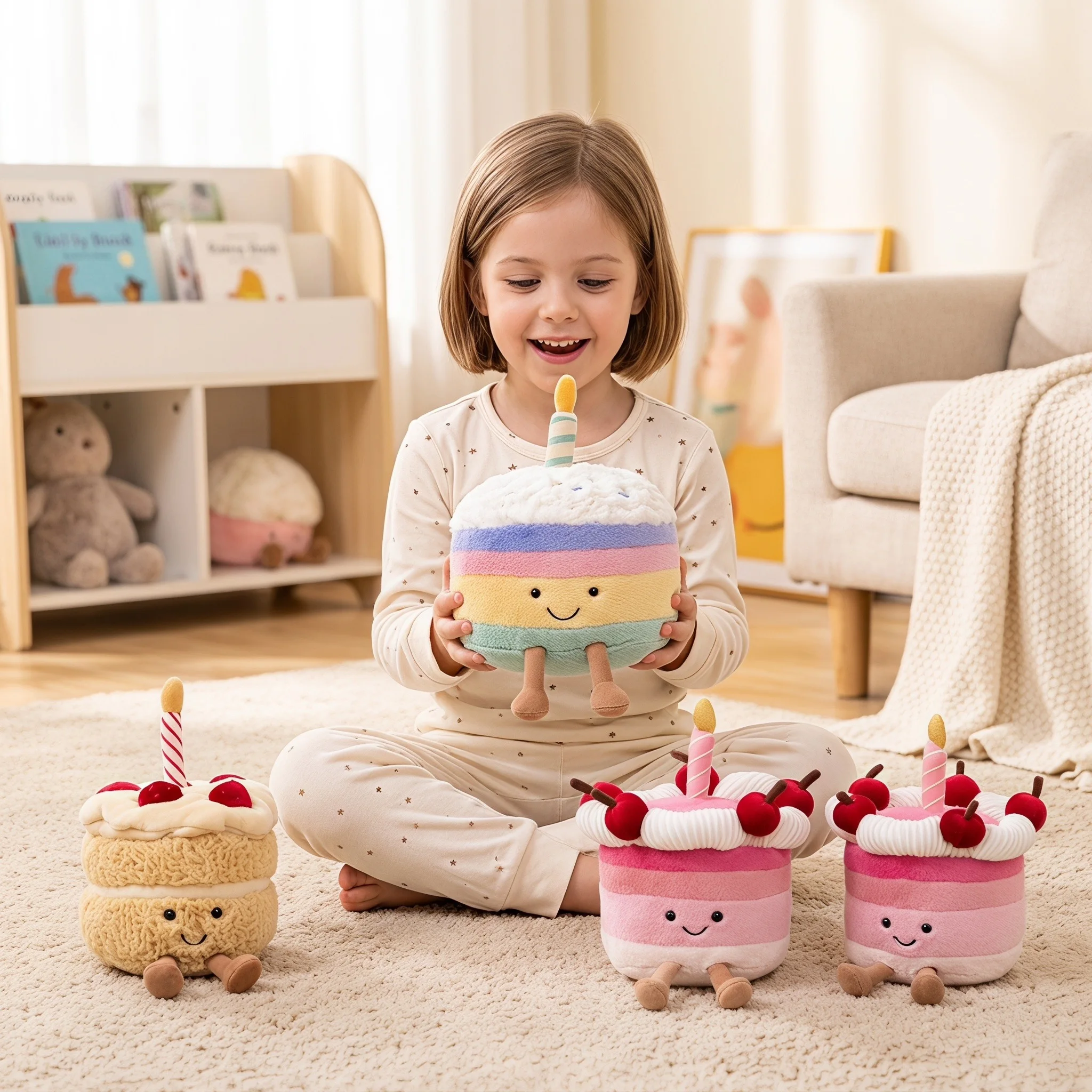 Creative Cake Shaped Plush Toy Soft Stuffed Rainbow Dessert Doll with Candle Kids Cuddly Birthday Xmas Gift Home Party Decor