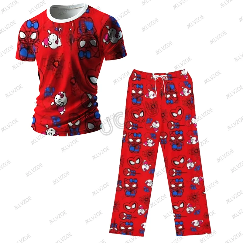 Spider-Man Hello Kitty Men‘s Trousers Tracksuit Short Sleeve T Shirt+Long Pants Jogger Sports Casual Male Clothes 2 Piece Set