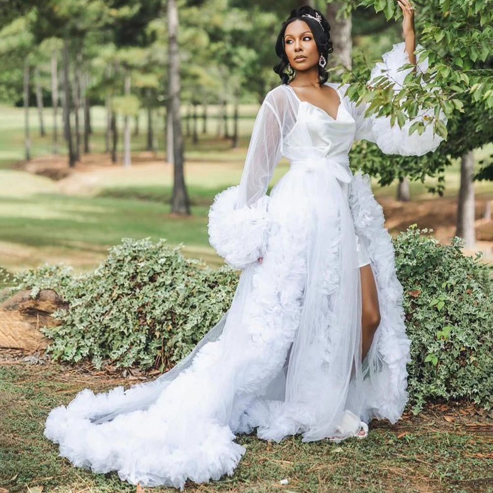 Maternity Gown for PhotoShoot Women Dressing Gown Perspective Sheer Tulle Skirt Long Gown Bridal Robe Wedding Party Sleepwear