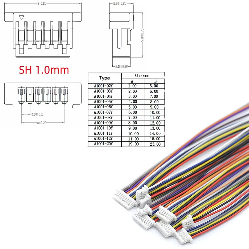 10pcs JST SH1.0mm Connector Single Head 2/3/4/6/7/8/9/10Pin 1.0mm Pitch 10cm/20cm 1571 28AWG Electronic Wire Cable