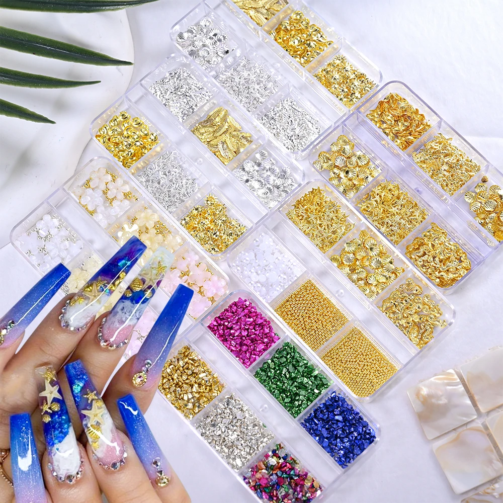 6Grids Five-petal Flower Nail Art Charms 3D Shell/Conch/Starfish/Coconut Tree Gold Steel Beads Diamond Manicure Decor Jewelry #*