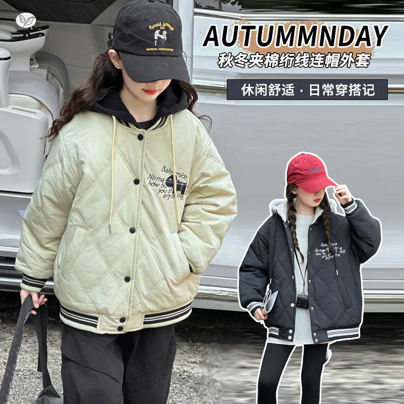 

Girls' Hooded Jacket, Baseball Cotton Jacket, Winter Down Jacket, Embroidered Cotton Coat for Girls Aged 7-14