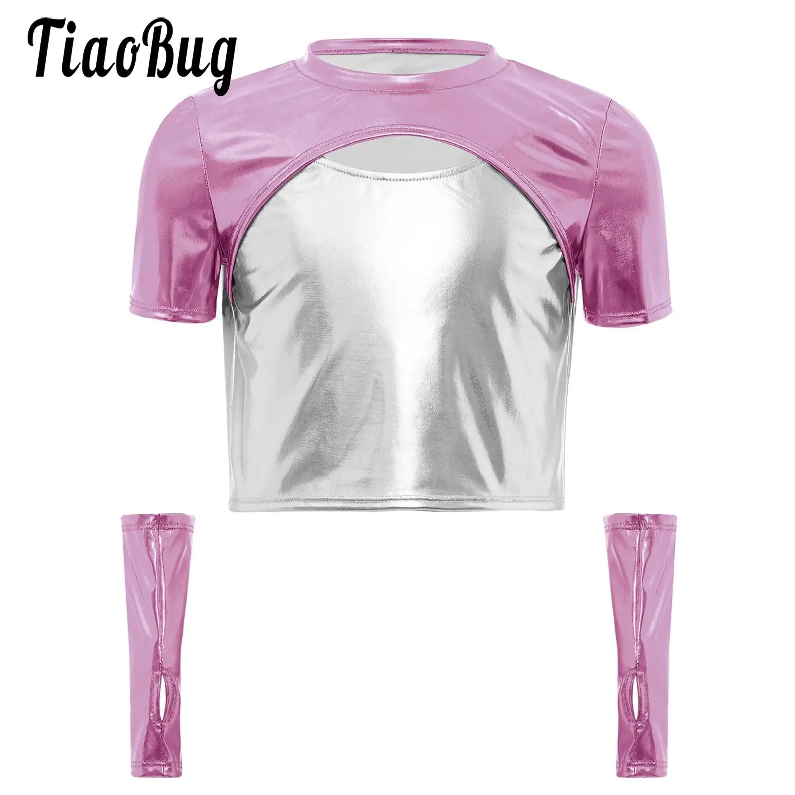 

Girls Metallic Hip-Hop Jazz Dance Performance Costume Shirts Short Sleeve Cutout Color Block Shirt with Gloves Modern Dancewear