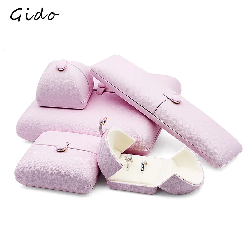 1PC Pink Pu Mesh Leather Double Snap Button Jewelry Packaging Gift Box Ring Necklace Storage Box Bracelet Earring Box