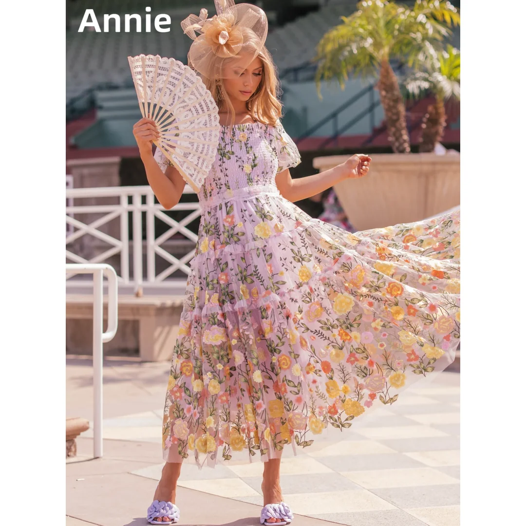 Annie Yellow Embroidered Flowers Prom Dresses Tulle Sweet Graduation Evening Dresses Formal Occasions Wedding Party Dresses