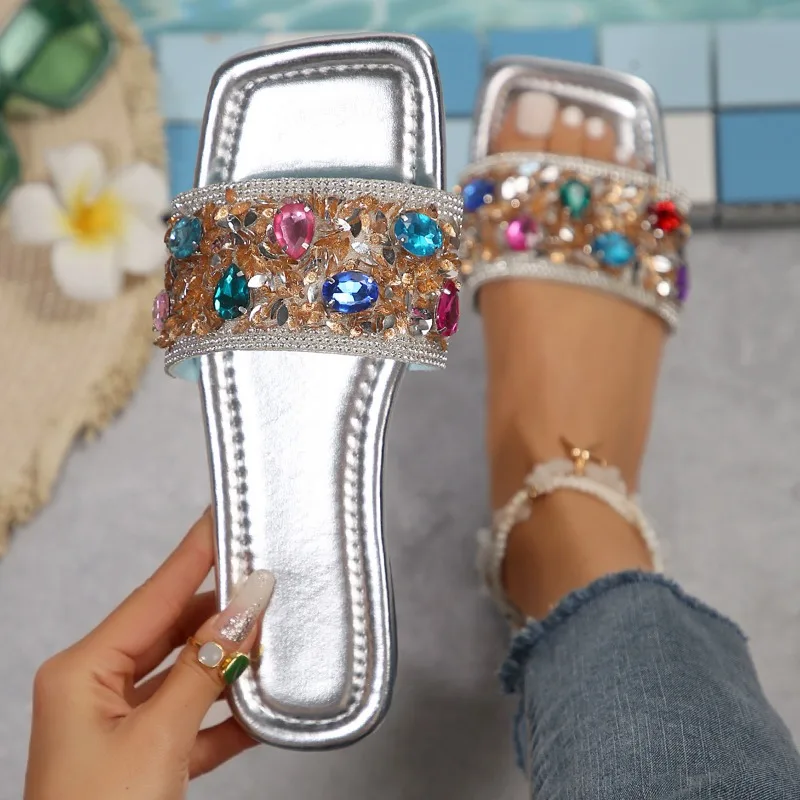 Shoes for Women 2024 New Luxurious Rhinestone Women\'s Slippers Square Toe Fashion Summer Slides Outdoor Casual Flat Slippers