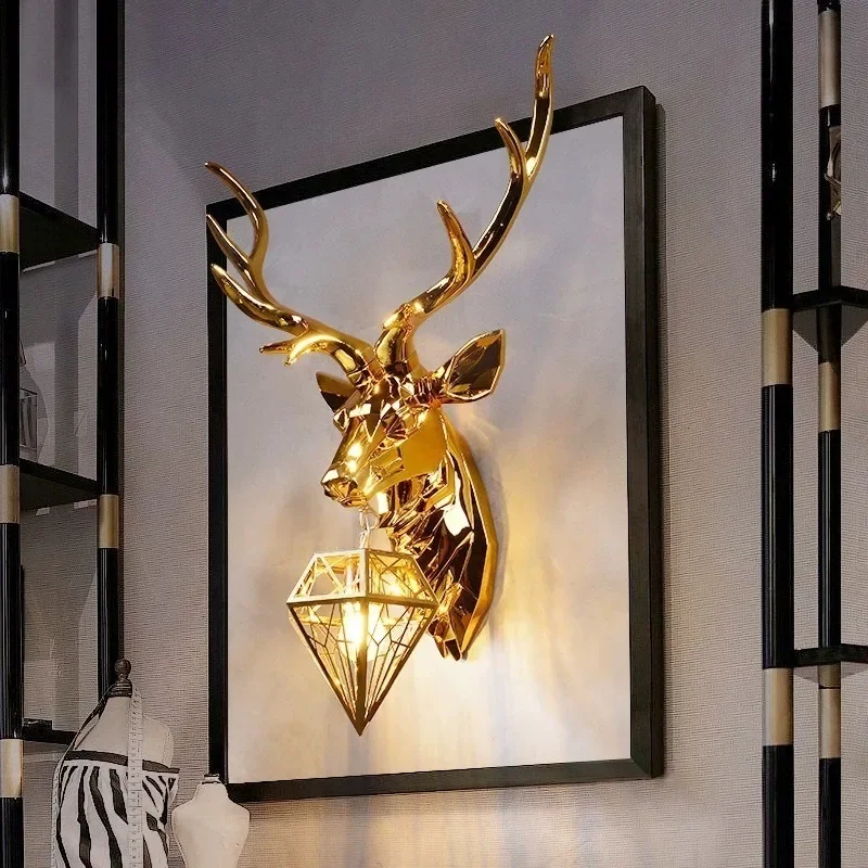 GHJUYIOL Zhaocai Deer Head Wall Lamp American Gold Plated Living Room TV Background Wall Deer Horn Lamp Bedroom Creative Interio