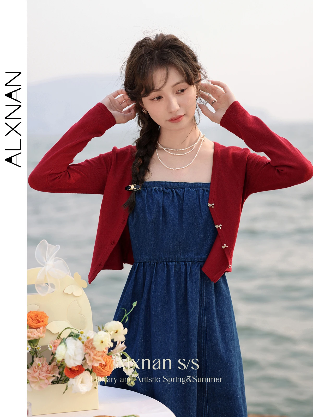 ALXNAN Knitted Cardigan Women 2024 Spring Autumn Long Sleeve V-neck Knitwear Female Cropped Red Casual Knit Jacket Tops L33672SY