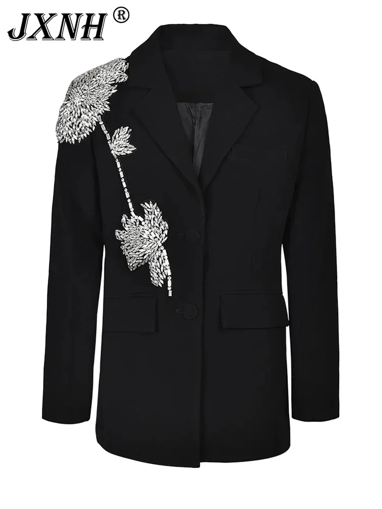 

Rhinestones Flower Elegant Blazer Women New Lapel Long Sleeve Loose Fit Jacket Fashion Tide Spring Autumn 2024