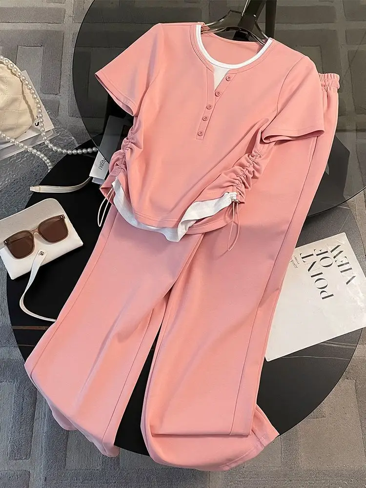 

Leisure Age Reducing Sports Set Summer New Short Sleeve Wide Leg Pants Fashion Two Piece Set