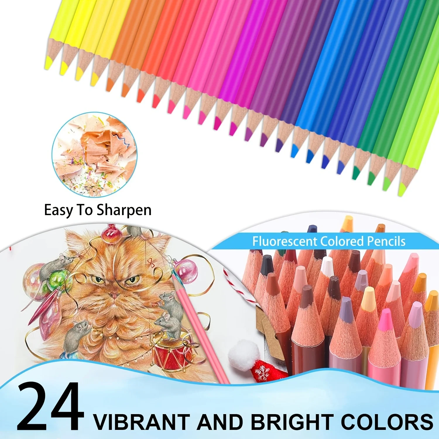 24 Neon Colored Pencils, Fluorescent colored Professional Drawing pencils Set Art Supplies Kit, Soft Core images - 6