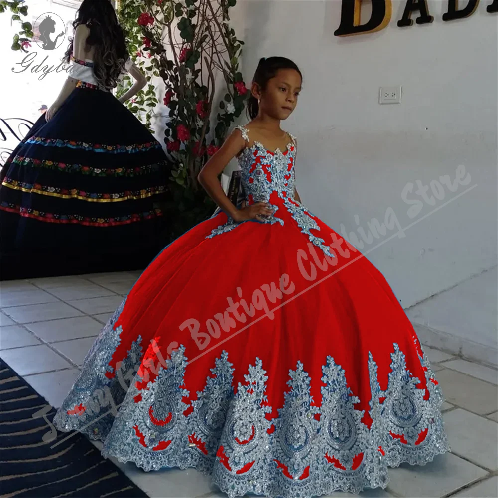 

Birthday Dress Luxury Kids Fluffy Royal Blue White Appliqués Sleeveless Mesh Wedding Princess Bridesmaids First Communion Gown