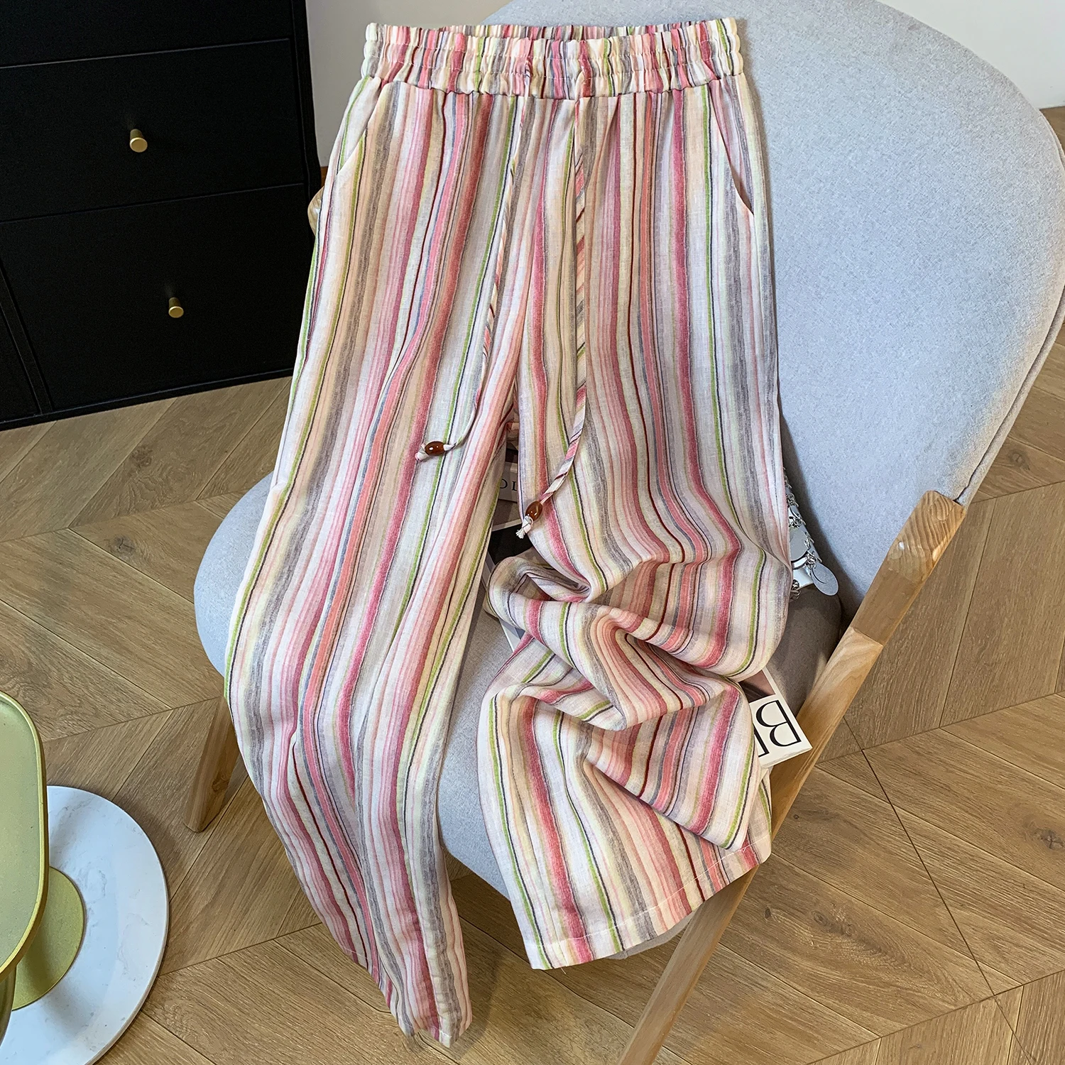 Women's Summer Rainbow Striped Wide Leg Long Pants Drawstring Elastic High Waist Holiday Beach Boho Style Colorful Casual Pants