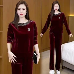 Ladies Embroidery Two Piece Set Female Large Size 4XL Golden Velvet Suit Spring Autumn Women Round Neck Straight Pants  2PCS