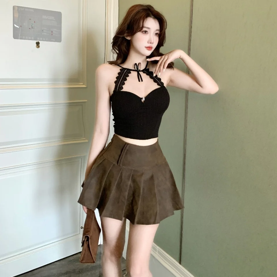 Summer New Style Hot Girl Lace Splice  Knot Hanging Neck Vest Women Slimming Fixed Belt Chest Pad Top Short Pure Color