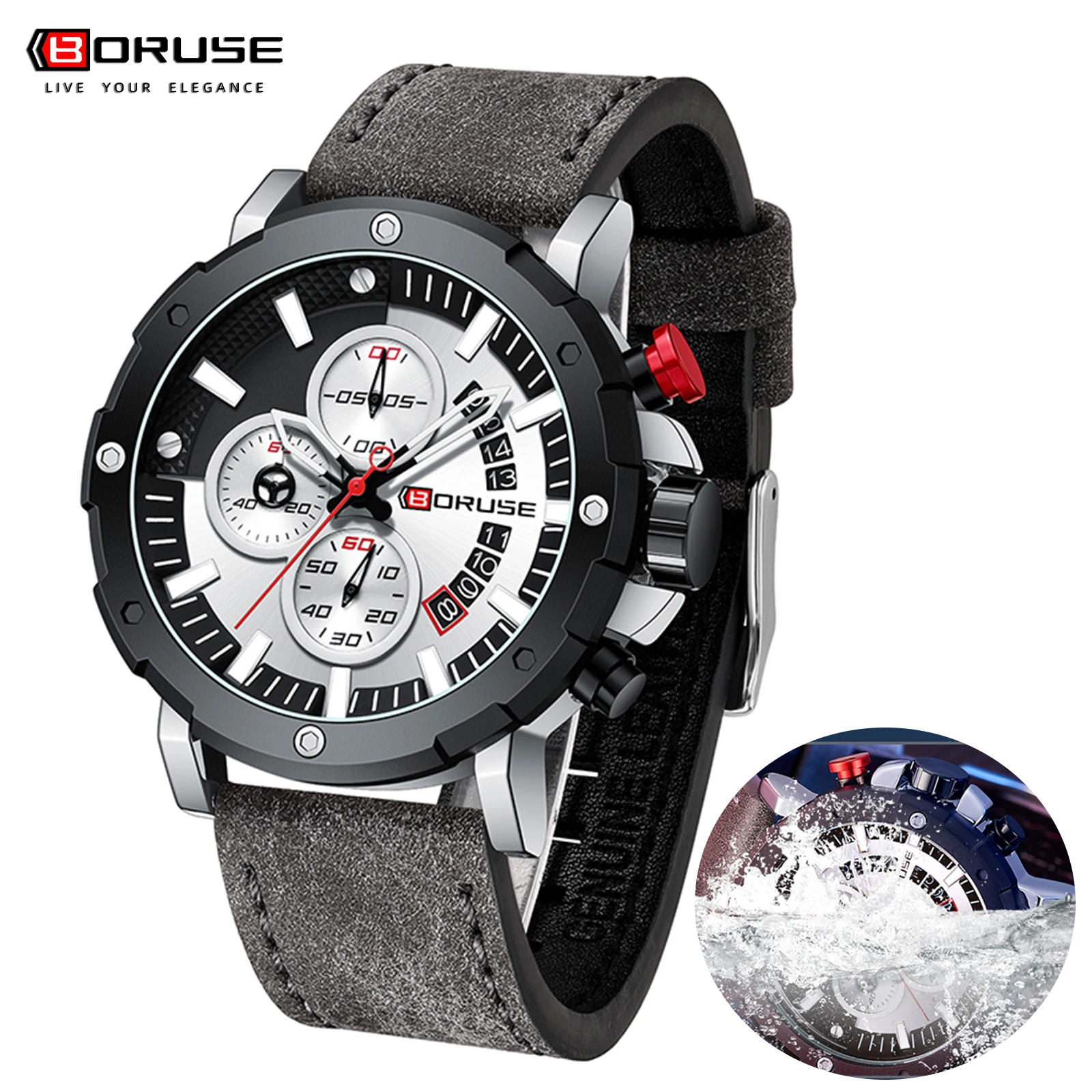 BORUSE Men Sports Watches Brand Luxury Leather Strap Waterproof Quartz Chronograph Military Watch Men Luminous Clock