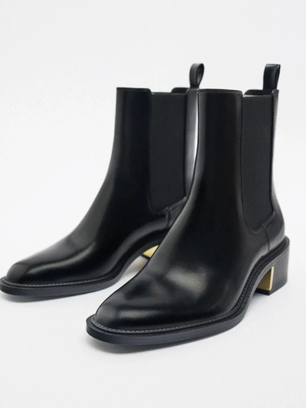 

Black Leather Chelsea Boots Women Square Toe Block Heel With Gold Accent Elastic Side Panels Stylish Ankle Boots