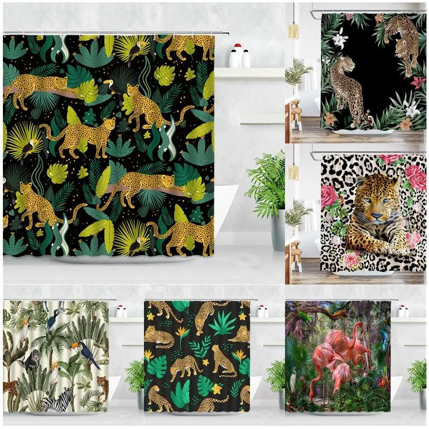 Cortinas de baño para decoración de baño, cortina de ducha, hoja de palma Tropical, cebra, Tucán, flamenco, Selva, Animal salvaje, África, leopardo