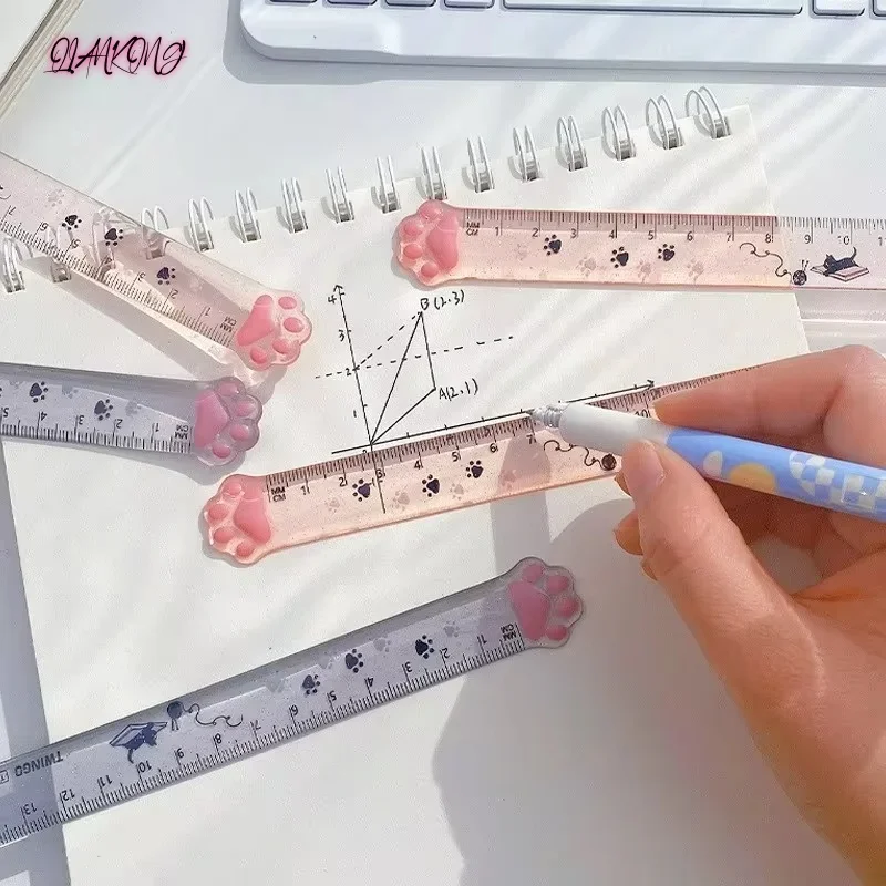 Reglas rectas de plástico con forma de pata de gato, reglas de gatito Kawaii, regalo de dibujo divertido, premio de estudiante de dibujo de medición escolar de oficina coreana