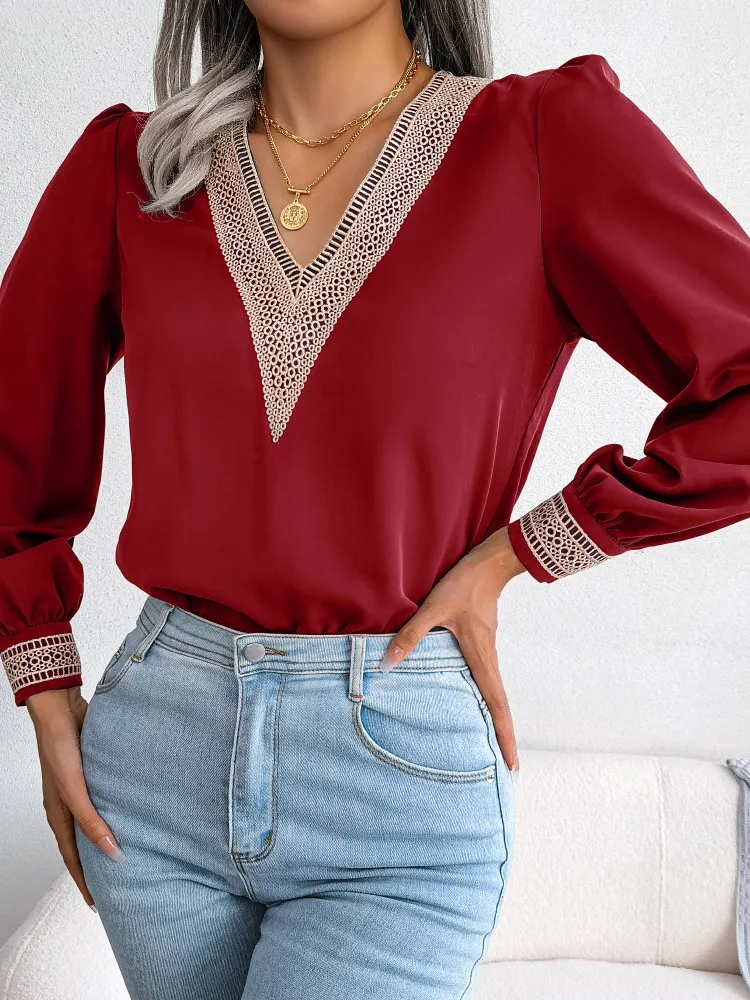 

2023 Spring Lace Stitching V-Neck Long Sleeve Chiffon Shirt Ladies Solid Pullover Blouse Tops Blusas Elegantes Finas Para Mujer