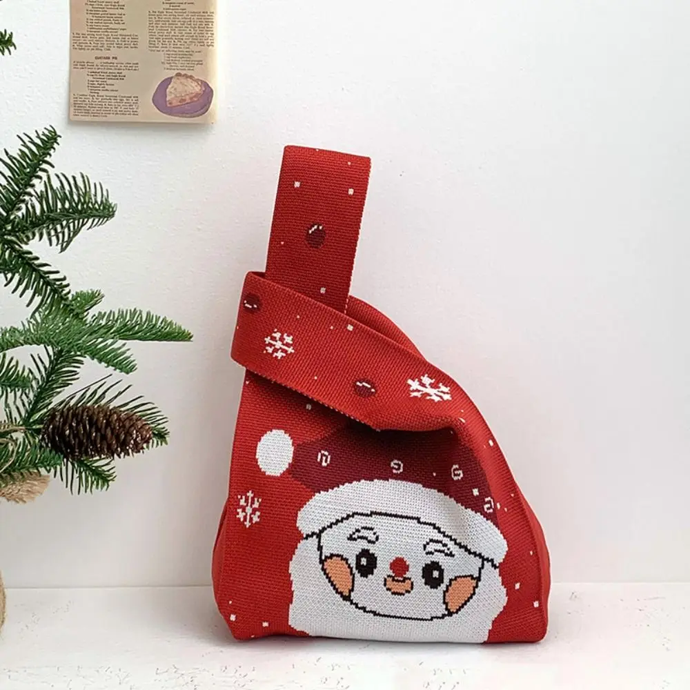 Simpatico regalo di Natale Borsa natalizia lavorata a maglia Borsa da polso con nodo in tessuto di cartone animato Borsa da Babbo Natale Borsa a secchiello in lana da viaggio