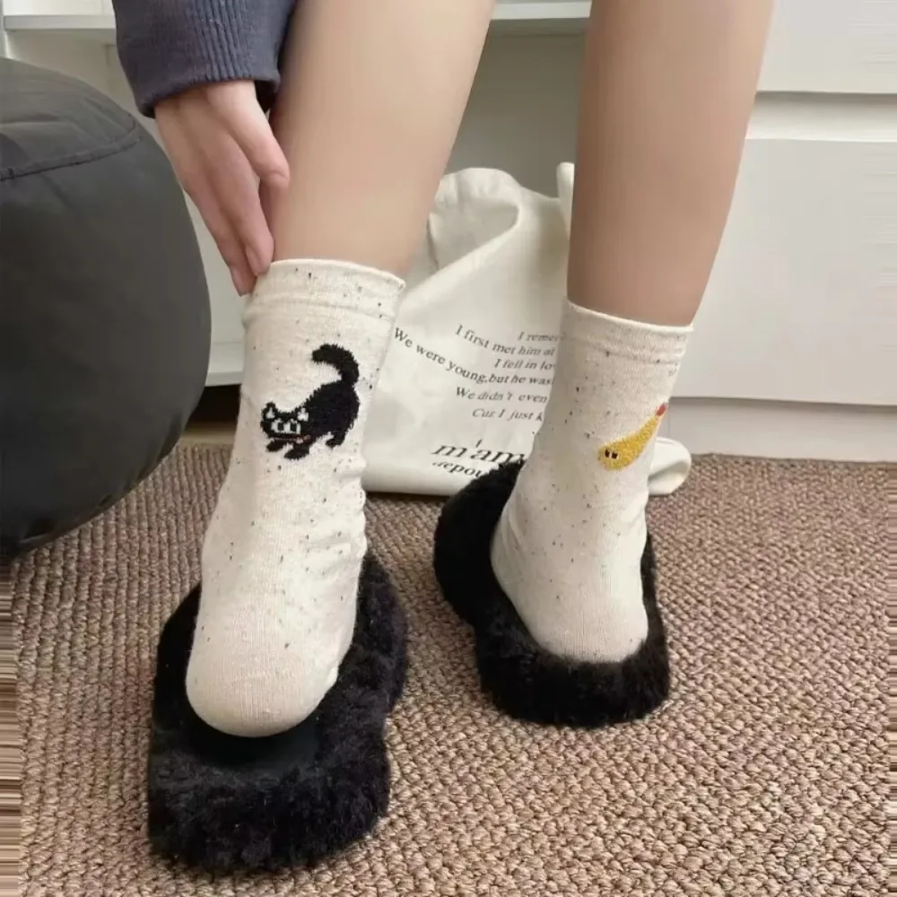 Small Cat Fish Socks Women Cold Resistant Warm Middle Tube Sock Spring Winter Walking Shopping Breathable Hosiery Ropa De Mujer