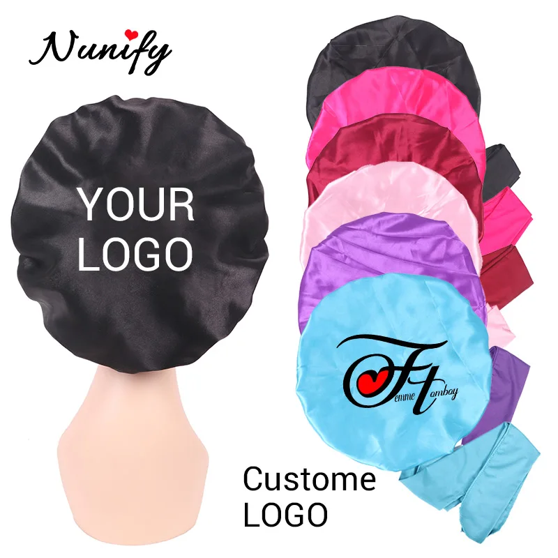 Personalizar Cetim Bonnet com Logo, Jumbo Silk Hair, Bonnet para dormir, Stretchy Tie Band, Long Curly Braid Hair, 10pcs