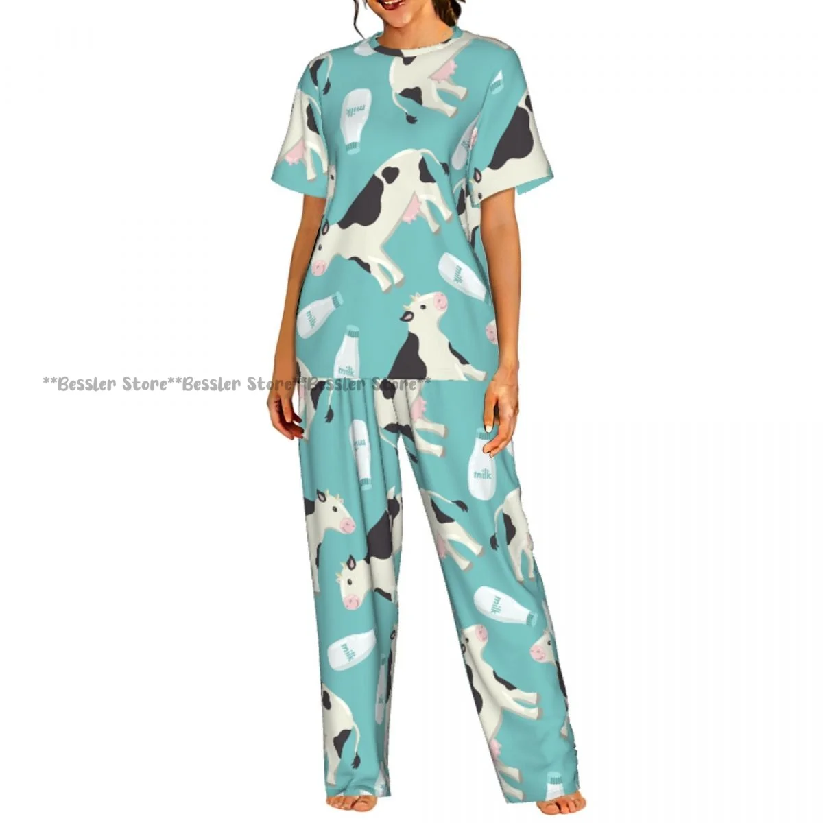 

Женский комплект из 2 предметов: пижама с принтом веселой бело-черной коровы и бутылки молока, топ с короткими рукавами и брюки, одежда для сна