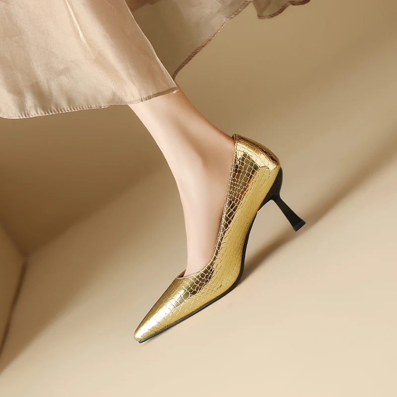 Wedding Shoes Women Pumps Slip on Gold Black Big Size 34-48 Fashion Alligator Patent Leather Pointed Toe High Heels