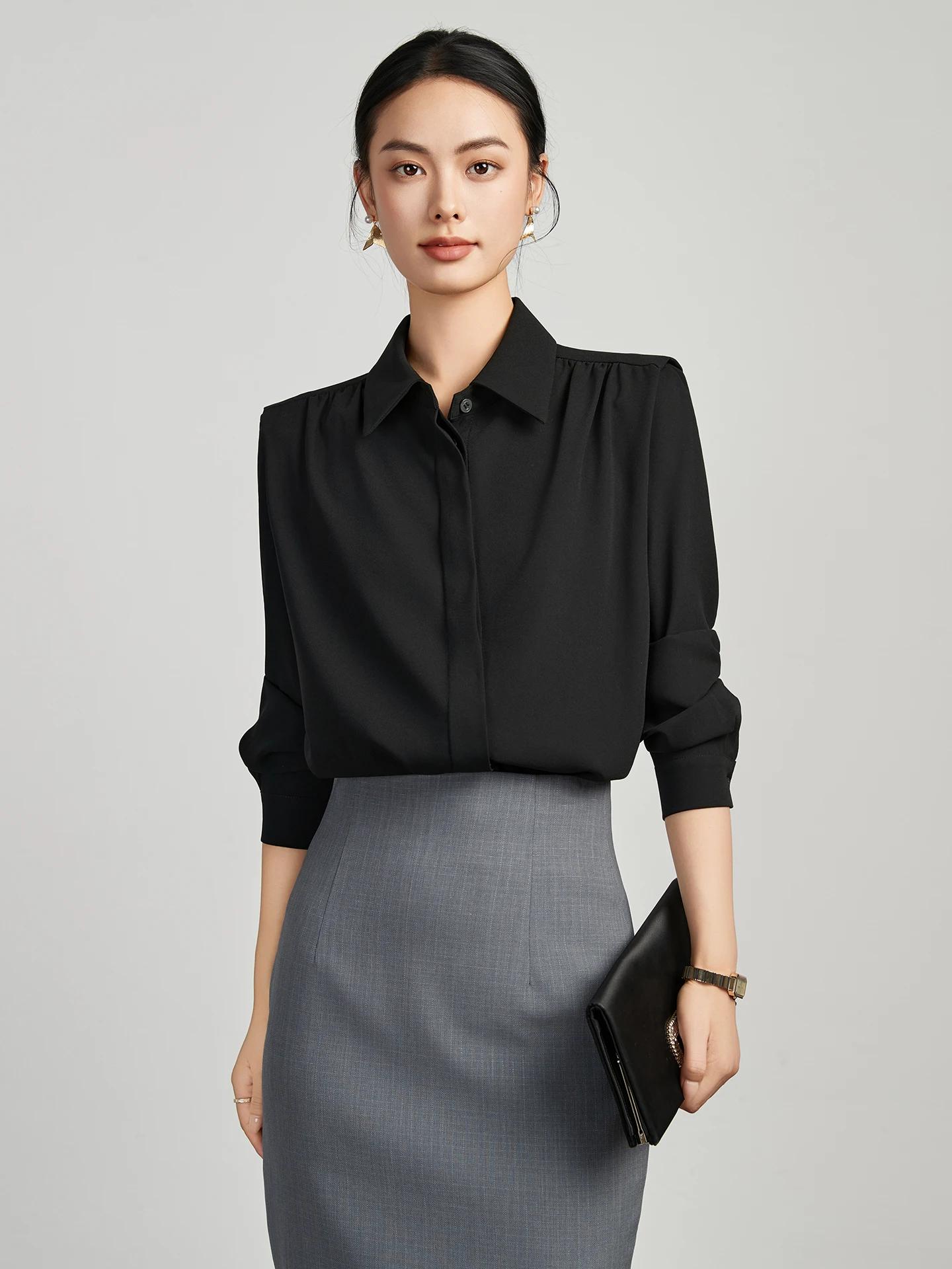 

Элегантная женская блузка с длинным рукавом для офиса, модный черный топ с дизайнерскими вырезами на плечах, из полиэстера, в стиле OL