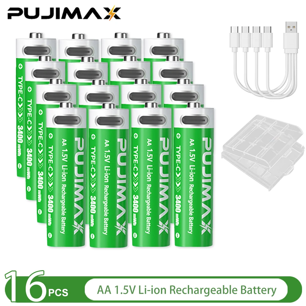 PUJIMAX 1,5 V AA en AAA oplaadbare lithiumbatterij 3400 mWh/1100 mWh, Type-C-poort Opladen worden hergebruikt 1500 keer voor wekkers