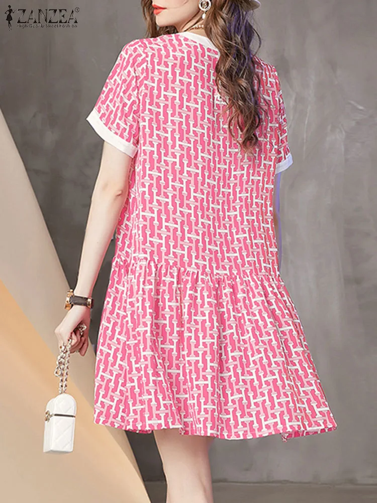 Elegant Short Sleeve Holiday Sundress 2024 ZANZEA Summer Fashion Printed Knee-length Dress Women Robe Femme Party  Work Vestido