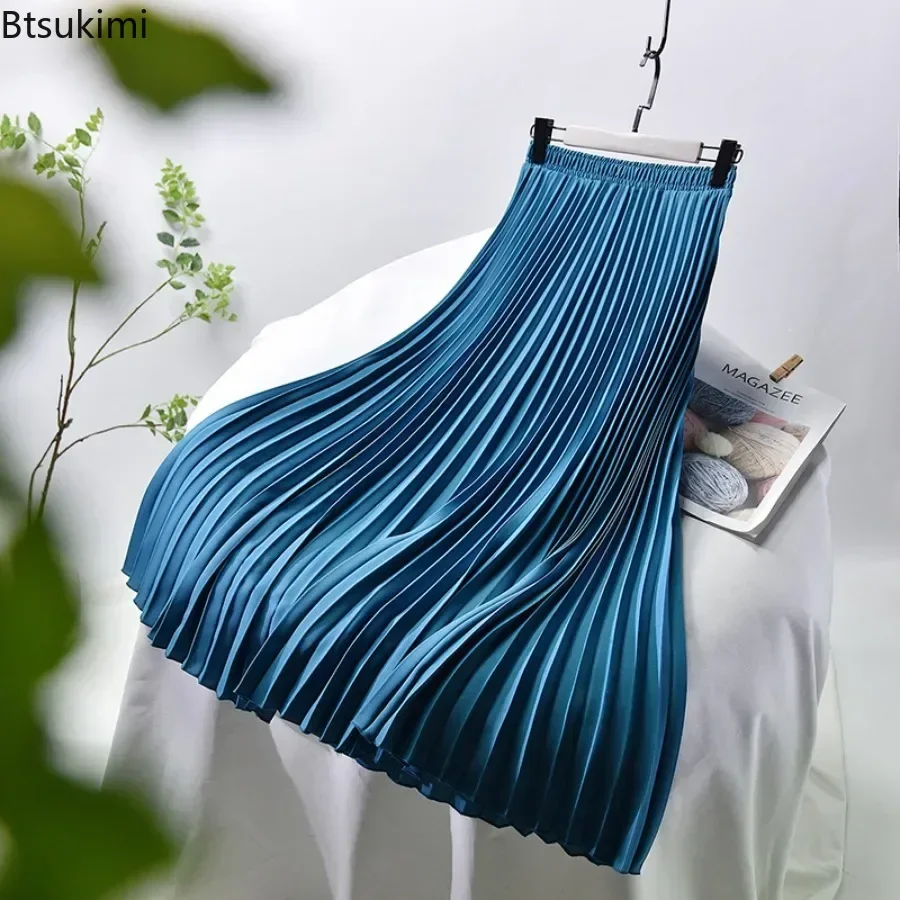 New 2024 Women's Fashion Solid Pleated Skirts Elegant All-match Velvet Half Skirts Ladies Elastic High Waist Classic Maxi Skirts