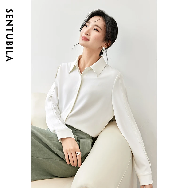 SENTUBILA Office Lady White Shirt for Women 2024 Autumn Slim Fit POLO Neck Folds Long Sleeve Single Breasted Women Top 143C56816