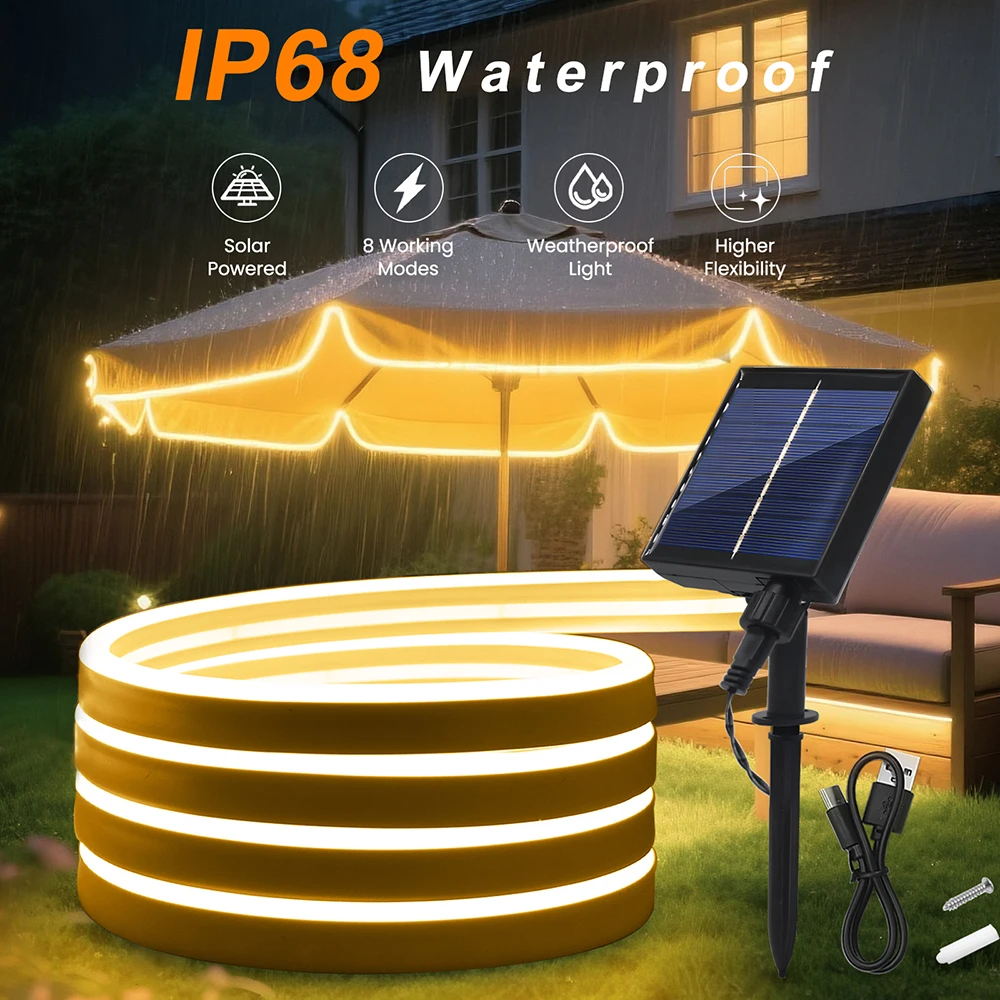 Solar LED Neon Strip Light 5m 10m DC 24V 120LED/m 2835 Flexible Lights 6x12mm Waterproof Warm White 0.5m 1m 2m Garden Decoration