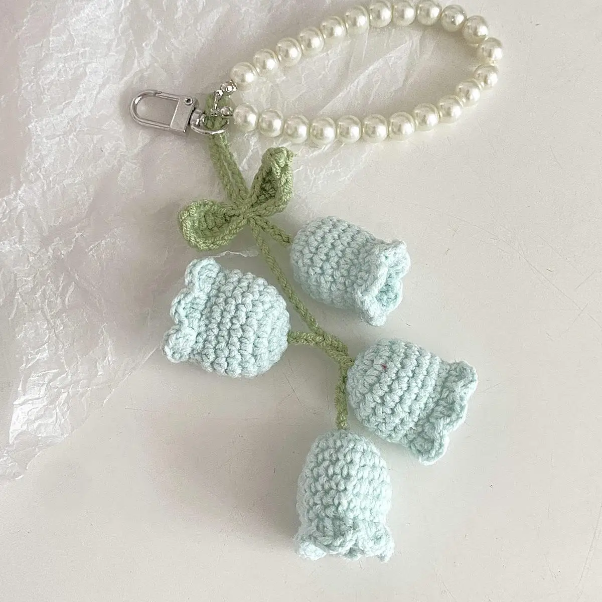 Sweet Pearl Wool Crochet Lily Of The Valley Keychain Girls Bag Pendant Cute Korean Flower Keyring Buckle Chain Jewelry