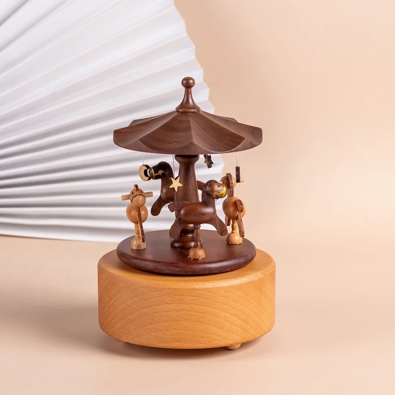 

2025 Wholesale Wooden Music Box With Carousel Horse Happy Birthday Festival Gift for Kids Custom Tune Melody Song