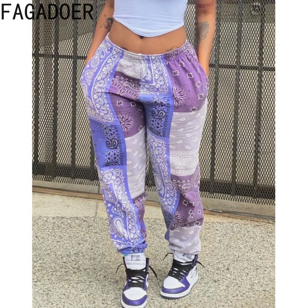 

FAGADOER Retro Fashion Paisley Printing Jogger Pants Women High Waisted Pocket Sporty Trousers Autumn Casual Matching Bottoms